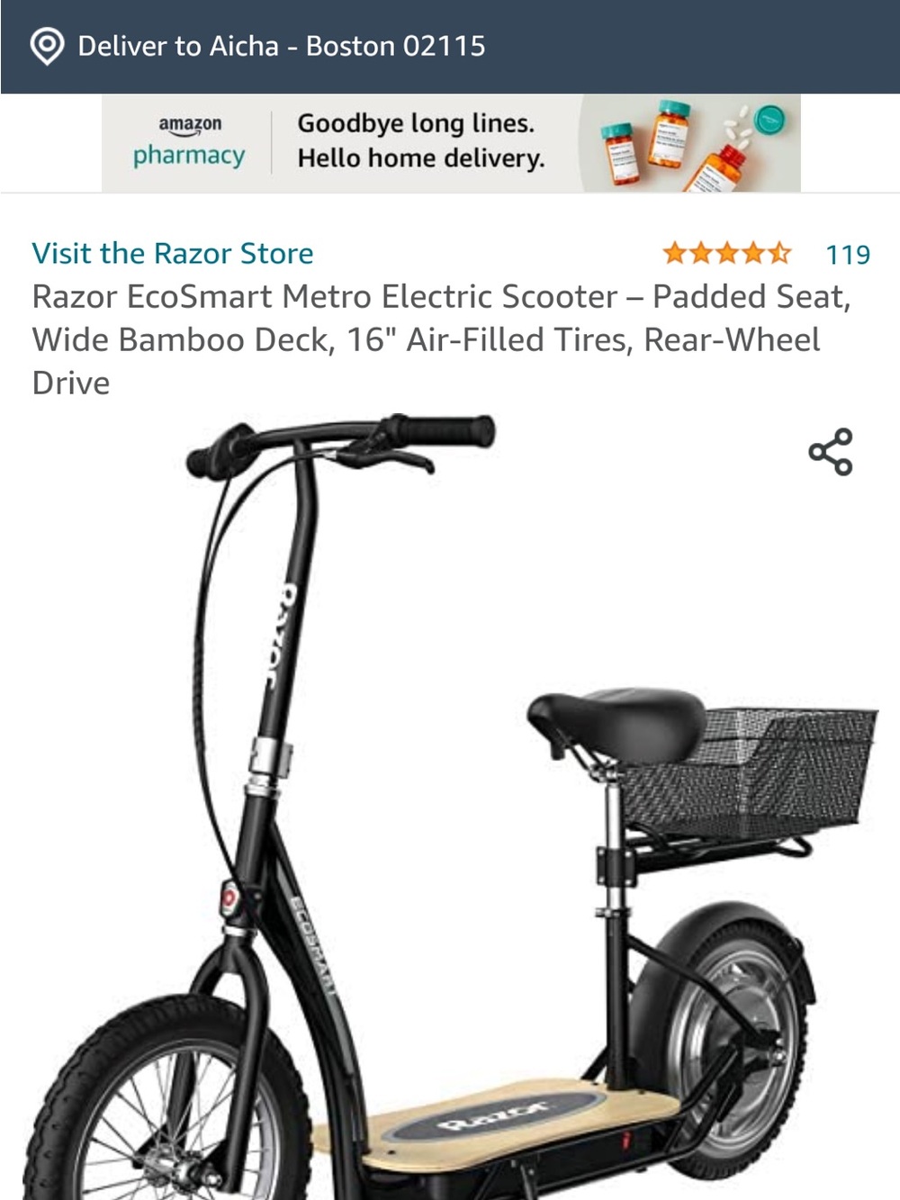 Razor EcoSmart Metro Electric Scooter - Black with Natural Bamboo Deck